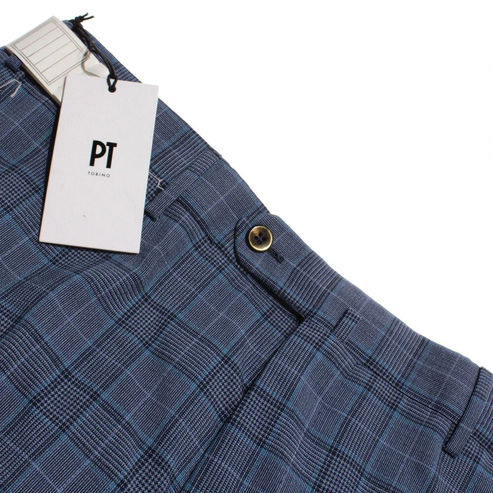 PT Torino NWT Dress Pants Size 50 (US 34) Slim Fit Super 110's Blue Plaid Wool